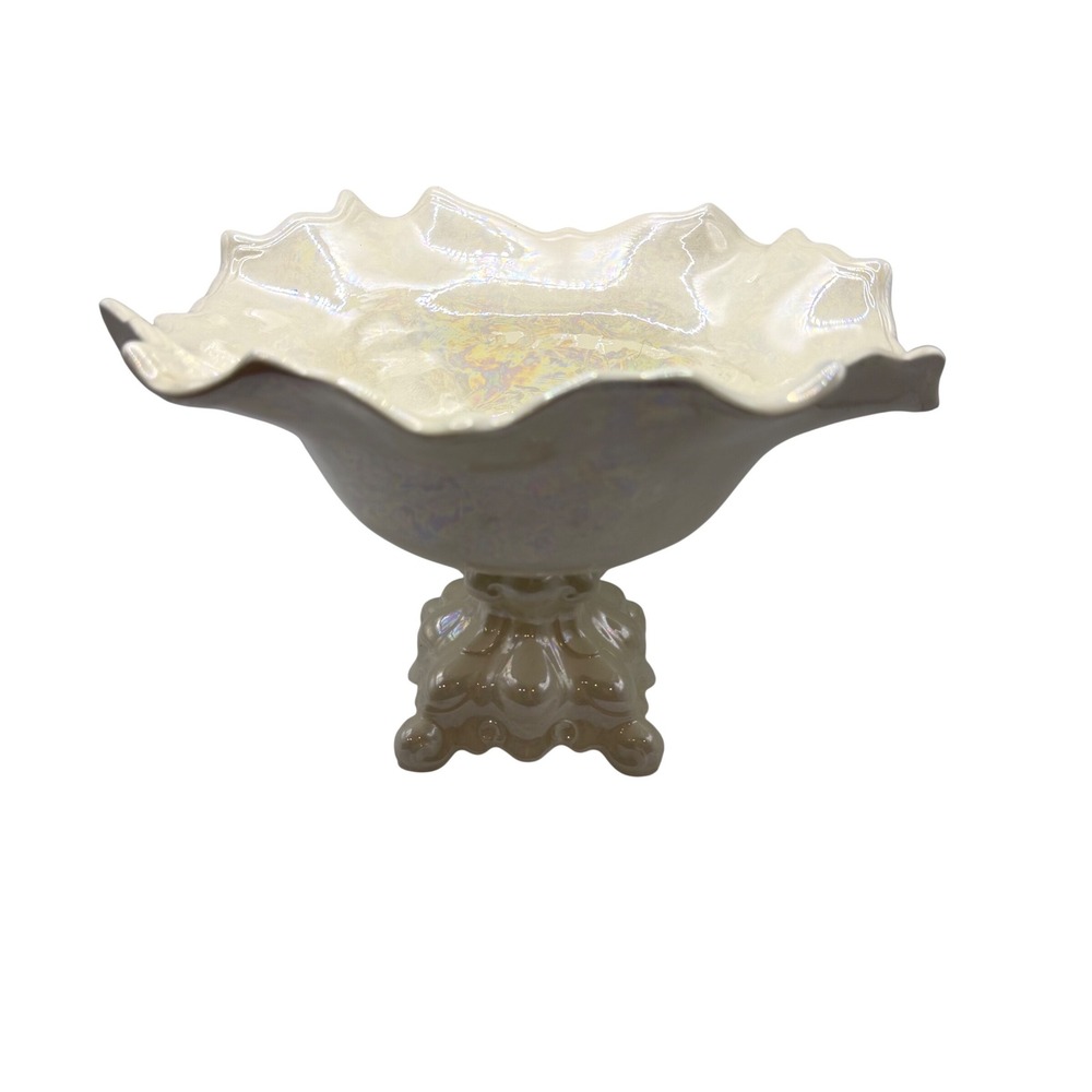 Vintage Iridescent‎ Pearlized Ruffled Pedestal Bowl Ornate Footed Ceramic Dish
